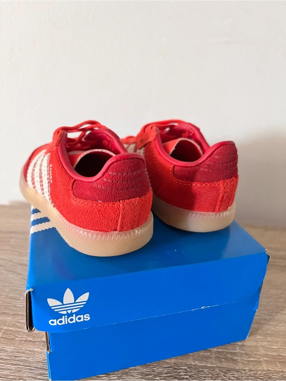 adidas baby/toddler Samba Red Suede Sneakers with White Stripes